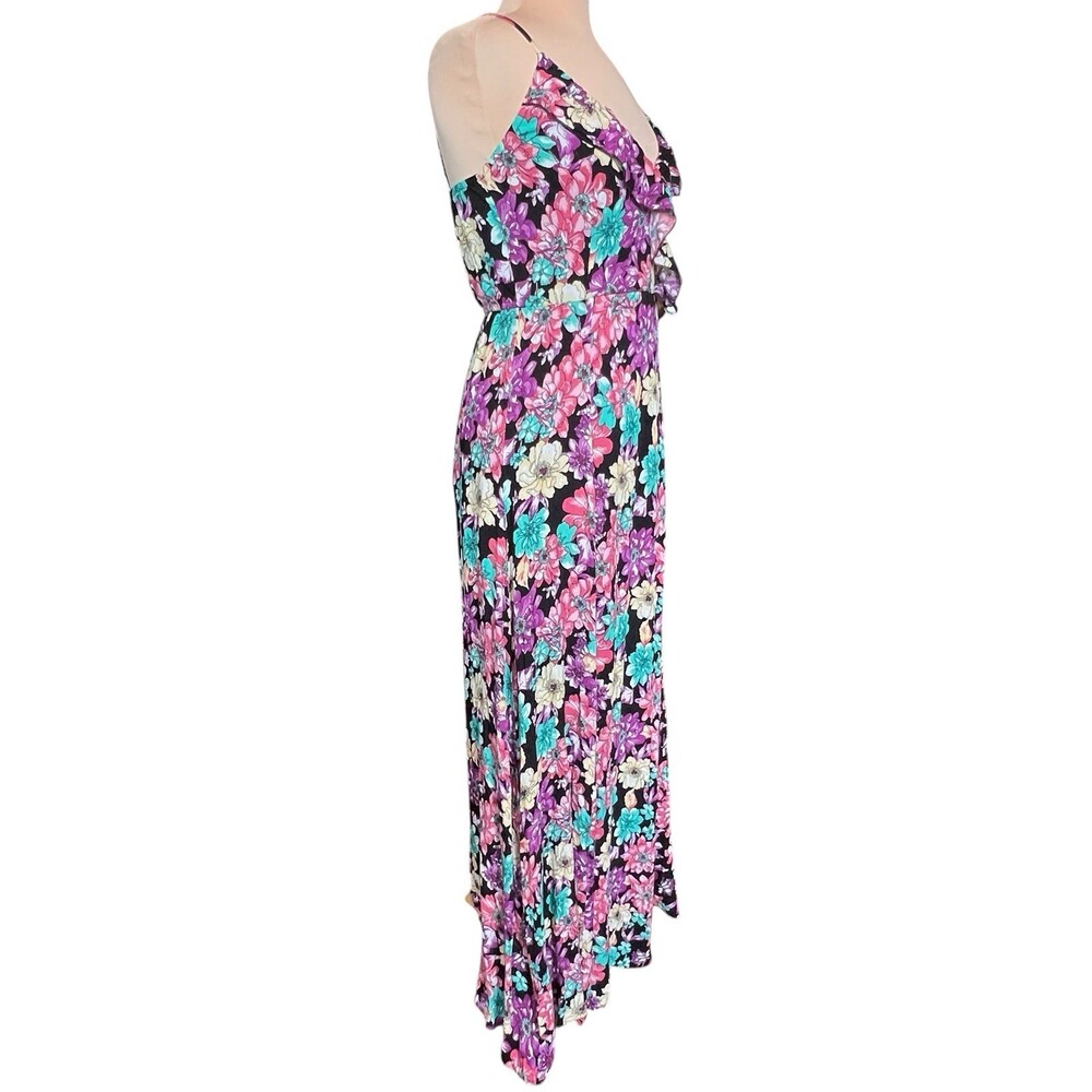 NWT Olivia Grey Floral Maxi Wrap Dress Small Black Pink Purple Ruffle Sleeveless - Picture 8 of 14